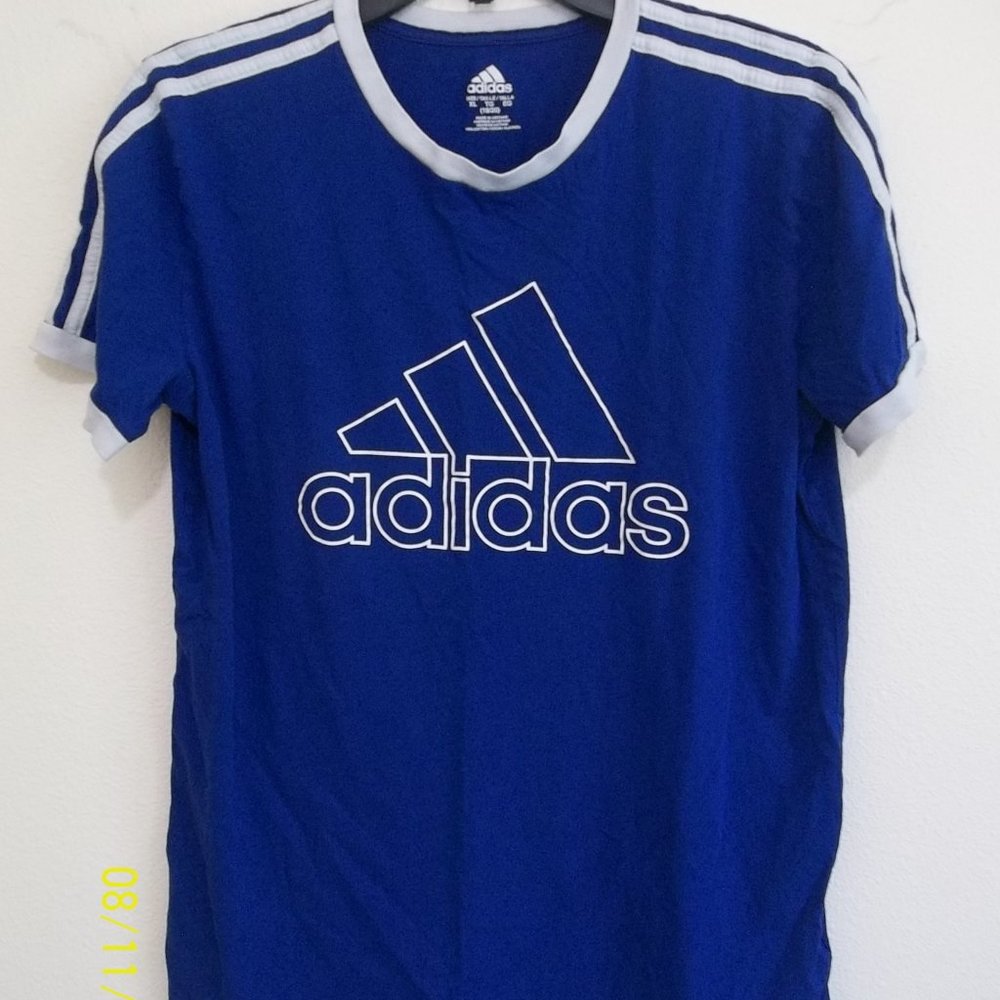 Adidas Boys Size 18/20 Blue/White Short Sleeve T-Shirt